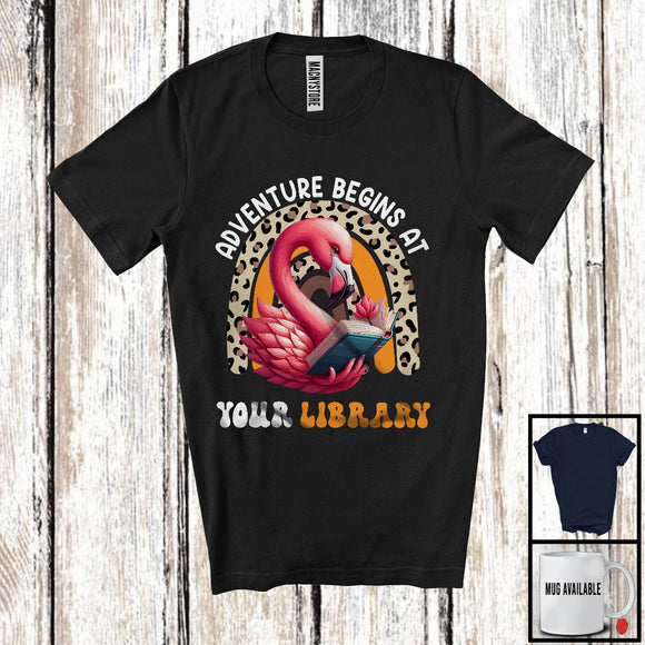 MacnyStore - Adventure Begins At Your Library, Adorable Flamingo Reading Book, Summer Leopard Rainbow T-Shirt