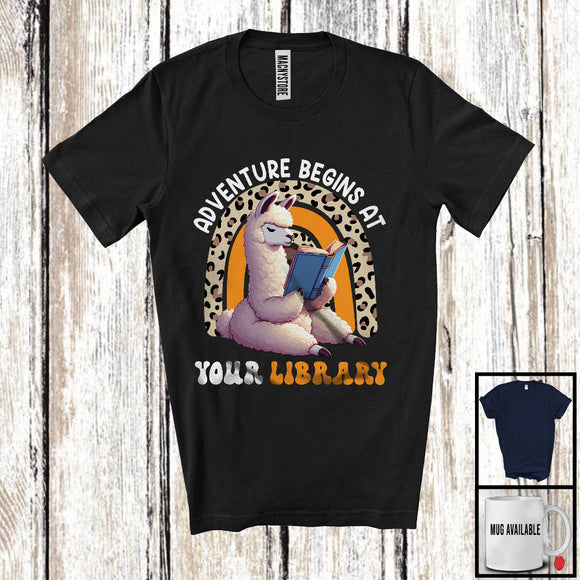 MacnyStore - Adventure Begins At Your Library, Adorable Llama Reading Book, Summer Leopard Rainbow T-Shirt