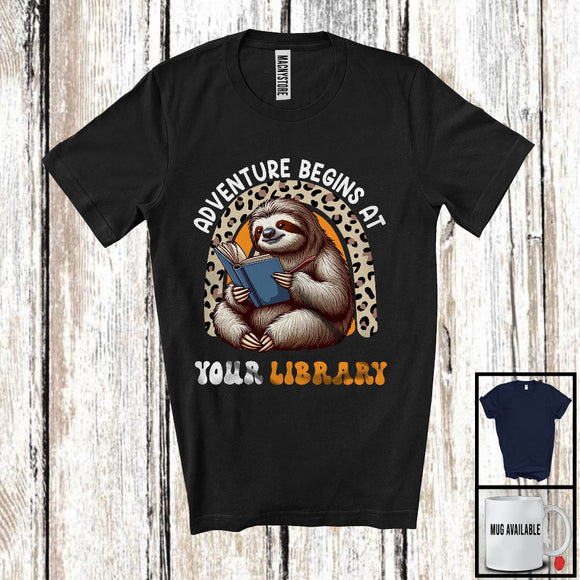 MacnyStore - Adventure Begins At Your Library, Adorable Sloth Reading Book, Summer Leopard Rainbow T-Shirt