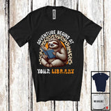 MacnyStore - Adventure Begins At Your Library, Adorable Sloth Reading Book, Summer Leopard Rainbow T-Shirt