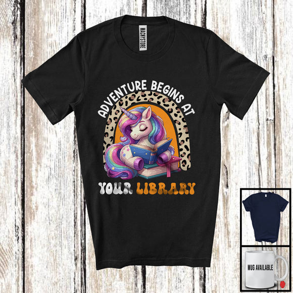 MacnyStore - Adventure Begins At Your Library, Adorable Unicorn Reading Book, Summer Leopard Rainbow T-Shirt