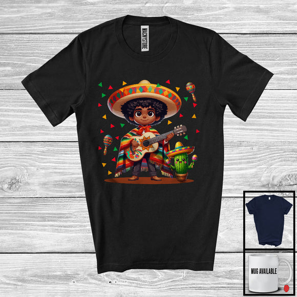 MacnyStore - Afro Boy Playing Ukulele, Adorable Cinco De Mayo Black African American, Mexican Sombrero T-Shirt
