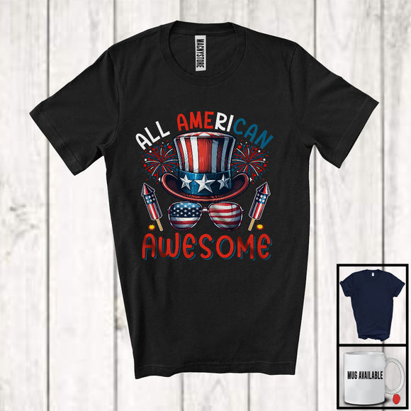 MacnyStore - All American Awesome, Amazing 4th Of July American Flag Uncle Sam Hat Sunglasses, Patriotic T-Shirt
