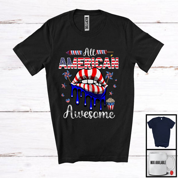 MacnyStore - All American Awesome, Cool 4th Of July Independence Day American Flag Lips, Patriotic Lover T-Shirt