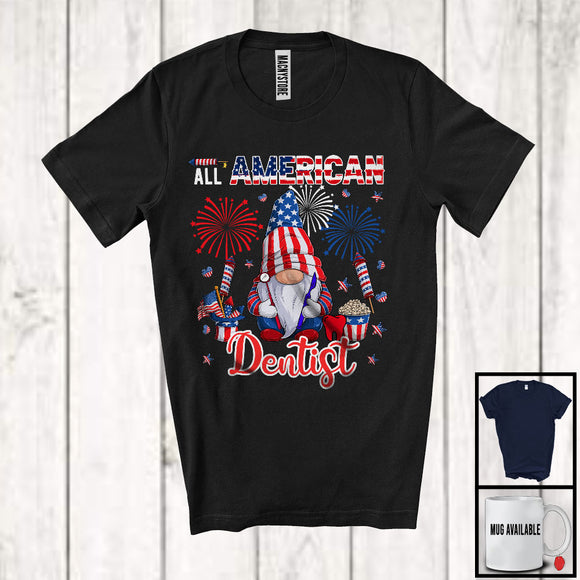 MacnyStore - All American Dentist, Proud 4th Of July American Flag Gnomes, Fireworks Patriotic T-Shirt