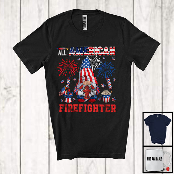 MacnyStore - All American Firefighter, Proud 4th Of July American Flag Gnomes, Fireworks Patriotic T-Shirt