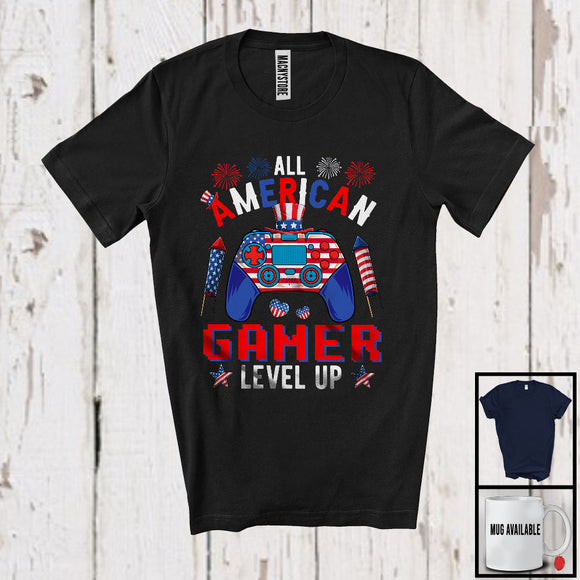 MacnyStore - All American Gamer Level Up, Amazing 4th Of July Game Controller, Gamer Team Patriotic T-Shirt