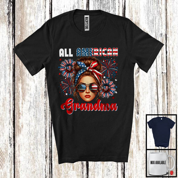 MacnyStore - All American Grandma, Adorable 4th Of July American Flag Bun Hair Women, Family Patriotic T-Shirt