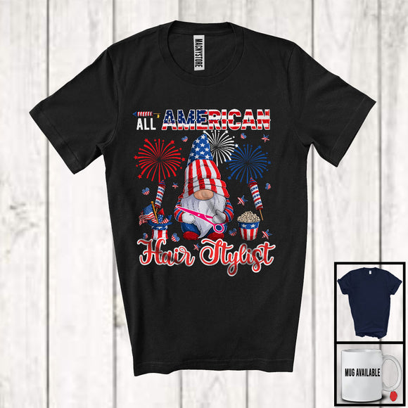 MacnyStore - All American Hair Stylist, Proud 4th Of July American Flag Gnomes, Fireworks Patriotic T-Shirt