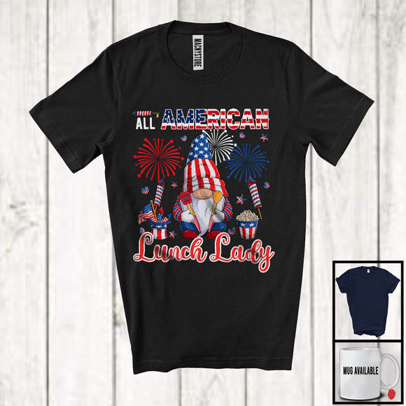 MacnyStore - All American Lunch Lady, Proud 4th Of July American Flag Gnomes, Fireworks Patriotic T-Shirt