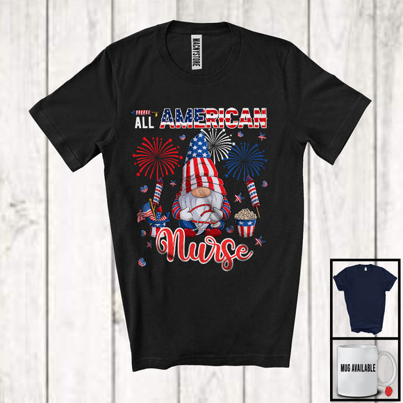 MacnyStore - All American Nurse, Proud 4th Of July American Flag Gnomes, Fireworks Patriotic T-Shirt