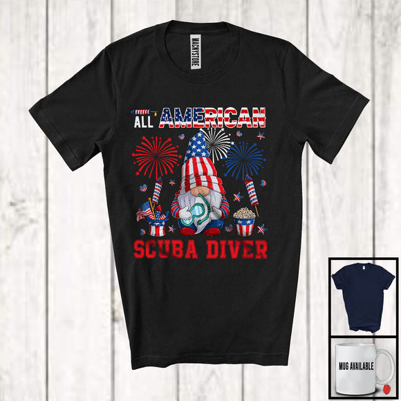 MacnyStore - All American Scuba Diver, Proud 4th Of July American Flag Gnomes, Fireworks Patriotic T-Shirt