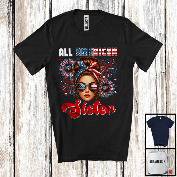 MacnyStore - All American Sister, Adorable 4th Of July American Flag Bun Hair Women, Family Patriotic T-Shirt