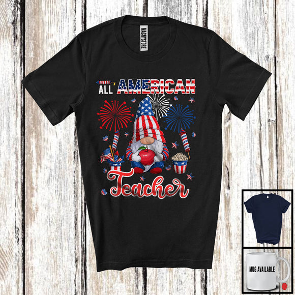 MacnyStore - All American Teacher, Proud 4th Of July American Flag Fireworks Gnome, Teacher Patriotic T-Shirt