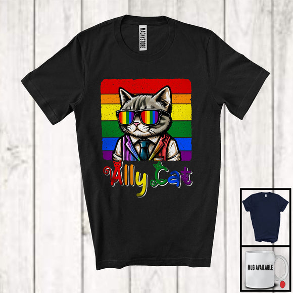 MacnyStore - Ally Cat, Lovely LGBTQ Proud Cat Wearing Rainbow Glasses, Vintage Retro Gay Flag Pride T-Shirt