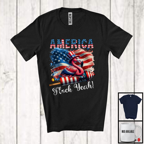 MacnyStore - America Flock Yeah, Humorous 4th Of July Flamingo Riding Firecracker, American Flag Patriotic T-Shirt