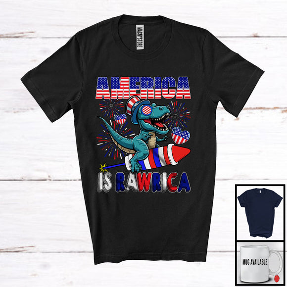 MacnyStore - America Is Rawrica, Cheerful 4th Of July T-Rex Dinosaur Riding Firecracker, American Flag Patriotic T-Shirt