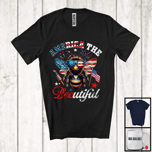 MacnyStore - America The Beeutiful, Lovely 4th Of July Bee Beautiful Wearing USA Flag Glasses, Patriotic T-Shirt