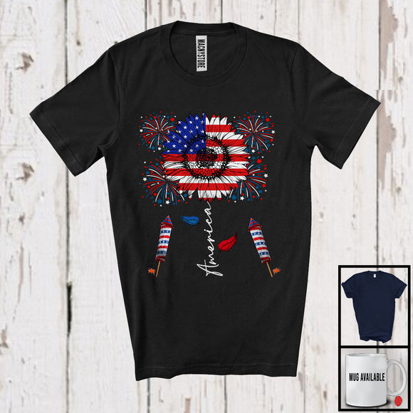 MacnyStore - America, Awesome 4th Of July American Flag Sunflower Flowers, Firecrackers Fireworks Patriotic T-Shirt