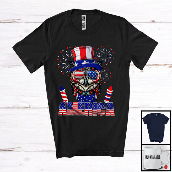MacnyStore - America, Proud 4th Of July Owl USA Flag Sunglasses, Bird Animal Lover Patriotic Group T-Shirt