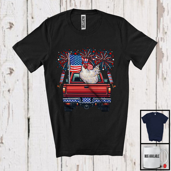 MacnyStore - American Flag Chicken On Pickup Truck, Cheerful 4th Of July Fireworks, Farm Animal Farmer Patriotic T-Shirt