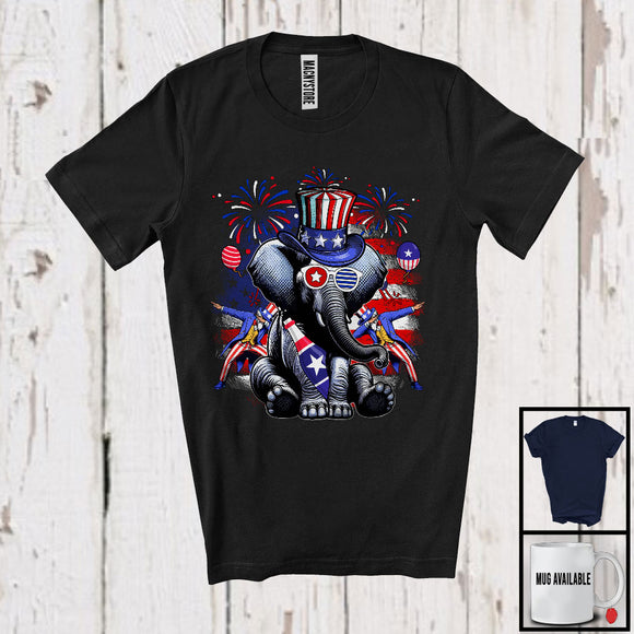MacnyStore - American Flag Elephant Drinking, Joyful 4th Of July Animal Lover, Fireworks Patriotic Group T-Shirt