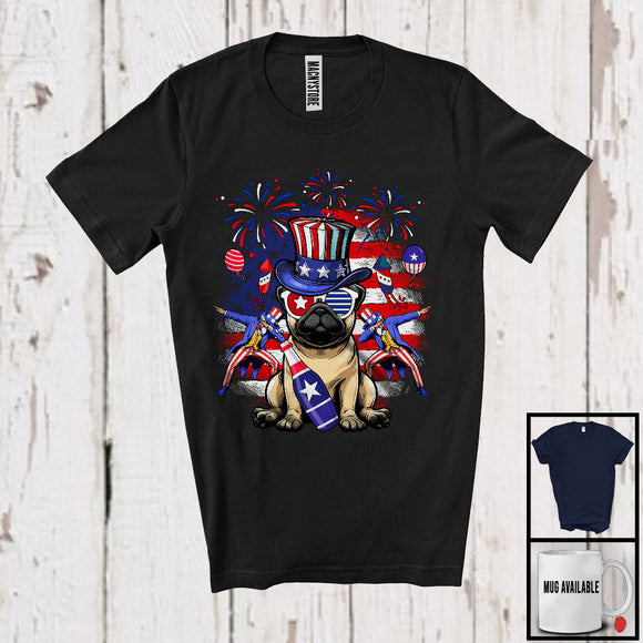MacnyStore - American Flag Pug Drinking, Joyful 4th Of July Animal Lover, Fireworks Patriotic Group T-Shirt