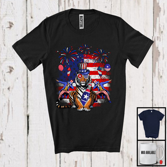 MacnyStore - American Flag Tiger Drinking, Joyful 4th Of July Animal Lover, Fireworks Patriotic Group T-Shirt