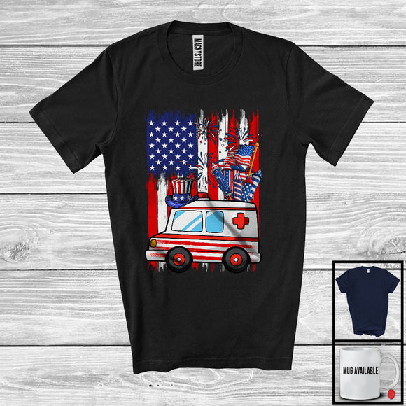 MacnyStore - American Flag With Ambulance Driver, Awesome 4th Of July USA Fireworks, Patriotic Group T-Shirt