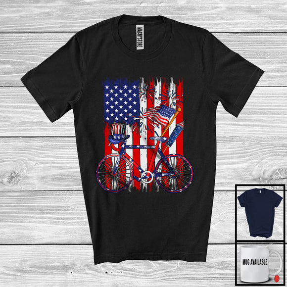 MacnyStore - American Flag With Bicycle Driver, Awesome 4th Of July USA Fireworks, Patriotic Group T-Shirt