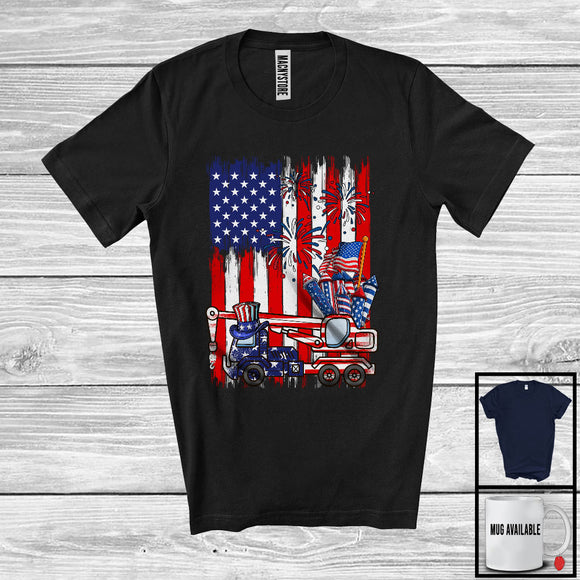 MacnyStore - American Flag With Crane Truck Driver, Awesome 4th Of July USA Fireworks, Patriotic Group T-Shirt
