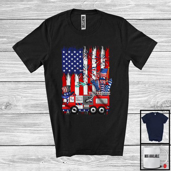 MacnyStore - American Flag With Firetruck Driver, Awesome 4th Of July USA Fireworks, Patriotic Group T-Shirt