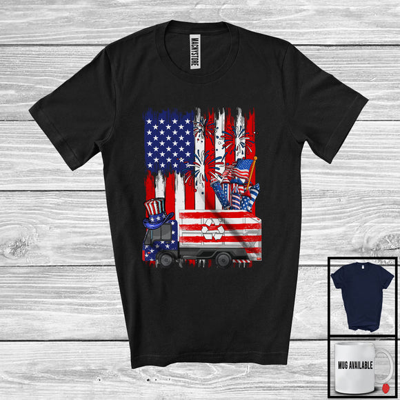 MacnyStore - American Flag With Garbage Truck Driver, Awesome 4th Of July USA Fireworks, Patriotic Group T-Shirt