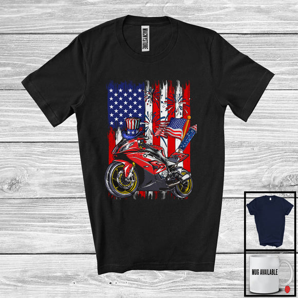 MacnyStore - American Flag With Motorbike Driver, Awesome 4th Of July USA Fireworks, Patriotic Group T-Shirt
