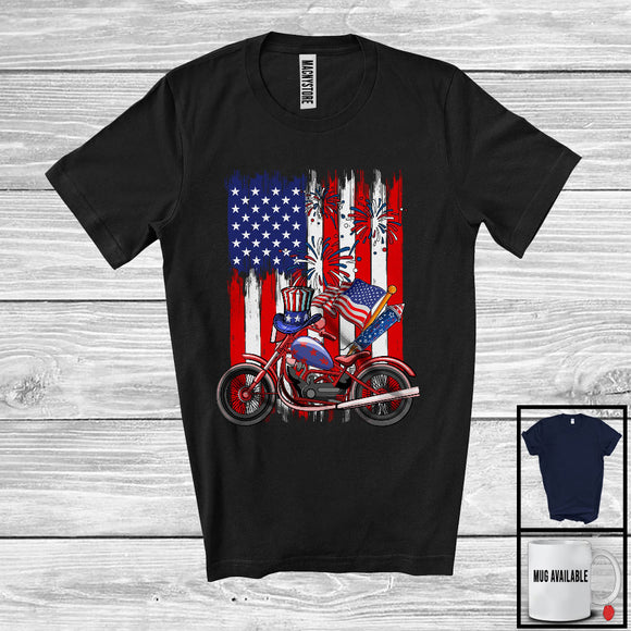 MacnyStore - American Flag With Motorcycle Driver, Awesome 4th Of July USA Fireworks, Patriotic Group T-Shirt