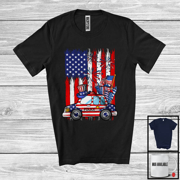 MacnyStore - American Flag With Police Car Driver, Awesome 4th Of July USA Fireworks, Patriotic Group T-Shirt