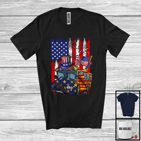 MacnyStore - American Flag With School Bus Driver, Awesome 4th Of July USA Fireworks, Patriotic Group T-Shirt