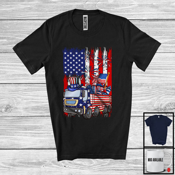 MacnyStore - American Flag With Truck Driver, Awesome 4th Of July USA Fireworks, Patriotic Group T-Shirt