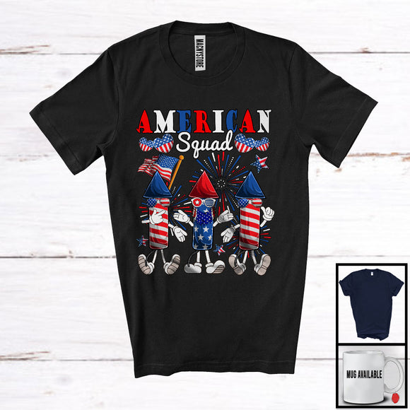 MacnyStore - American Squad, Humorous 4th Of July Three American Flag Firecrackers, Patriotic Group T-Shirt