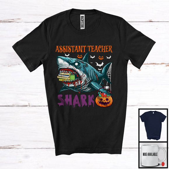 MacnyStore - Assistant Teacher Shark, Scary Halloween Costume Pumpkin Zombie Shark, Proud Careers Group T-Shirt
