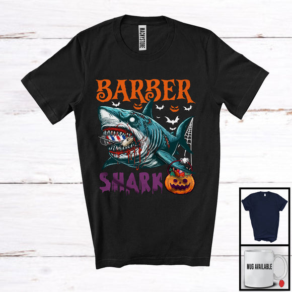 MacnyStore - Barber Shark, Scary Halloween Costume Pumpkin Zombie Shark, Proud Careers Group T-Shirt