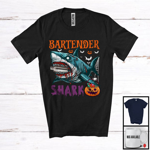 MacnyStore - Bartender Shark, Scary Halloween Costume Pumpkin Zombie Shark, Proud Careers Group T-Shirt