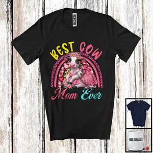 MacnyStore - Best Cow Mom Ever, Lovely Mother's Day Leopard Plaid Rainbow, Flowers Family Group T-Shirt