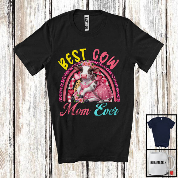 MacnyStore - Best Cow Mom Ever, Lovely Mother's Day Leopard Plaid Rainbow, Flowers Family Group T-Shirt