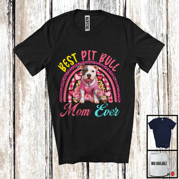 MacnyStore - Best Pit Bull Mom Ever, Lovely Mother's Day Leopard Plaid Rainbow, Flowers Family Group T-Shirt