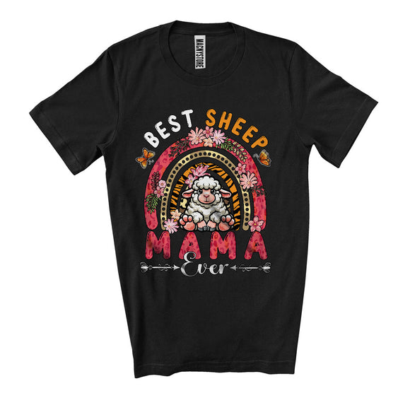 MacnyStore - Best Sheep Mama Ever, Adorable Mother's Day Flowers Leopard Rainbow, Family Farm Farmer T-Shirt