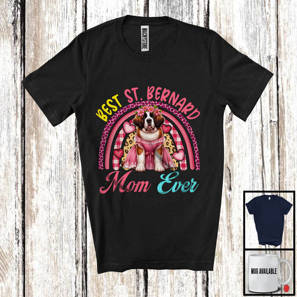 MacnyStore - Best St. Bernard Mom Ever, Lovely Mother's Day Leopard Plaid Rainbow, Flowers Family Group T-Shirt