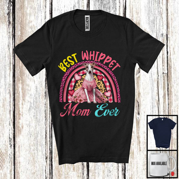 MacnyStore - Best Whippet Mom Ever, Lovely Mother's Day Leopard Plaid Rainbow, Flowers Family Group T-Shirt