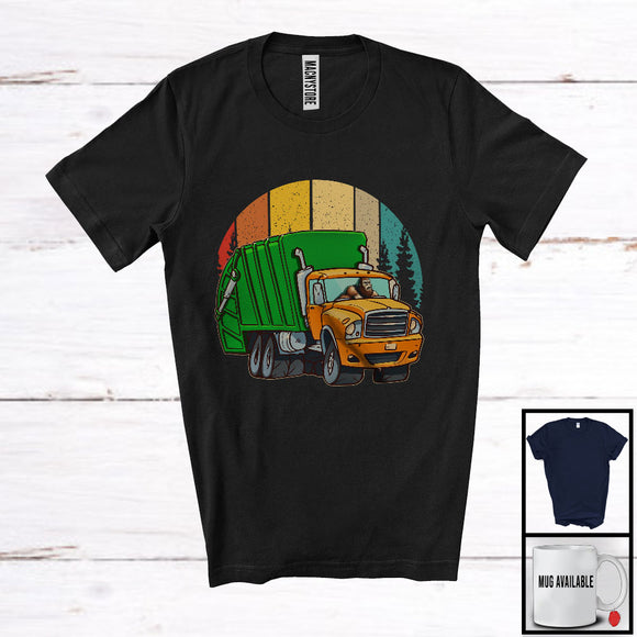 MacnyStore - Bigfoot Driving Garbage Truck; Humorous Vintage Retro Sasquatch Bigfoot; Group Of Vehicles T-Shirt