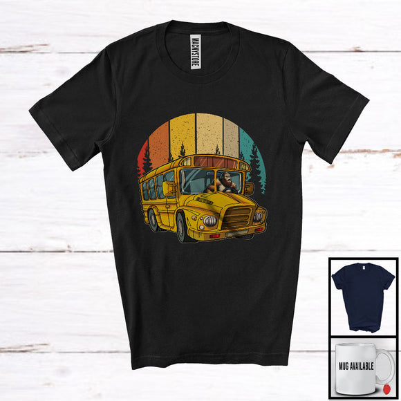 MacnyStore - Bigfoot Driving School Bus; Humorous Vintage Retro Sasquatch Bigfoot; Group Of Vehicles T-Shirt